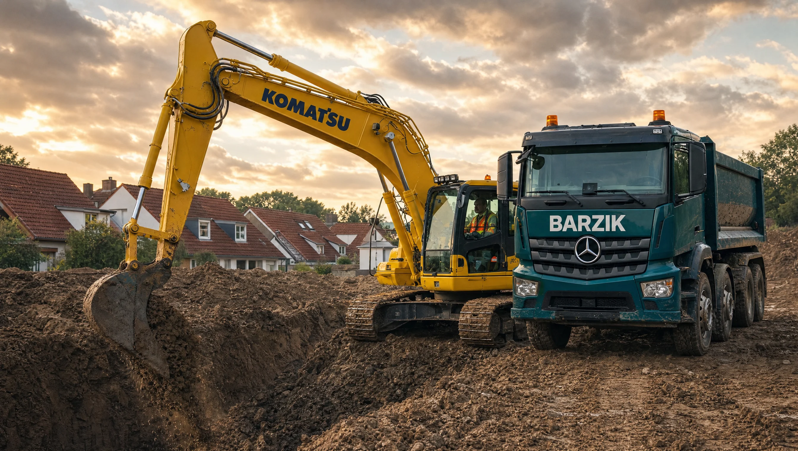 Komatsu Bagger und Arocs Kipper an der Aushubkante